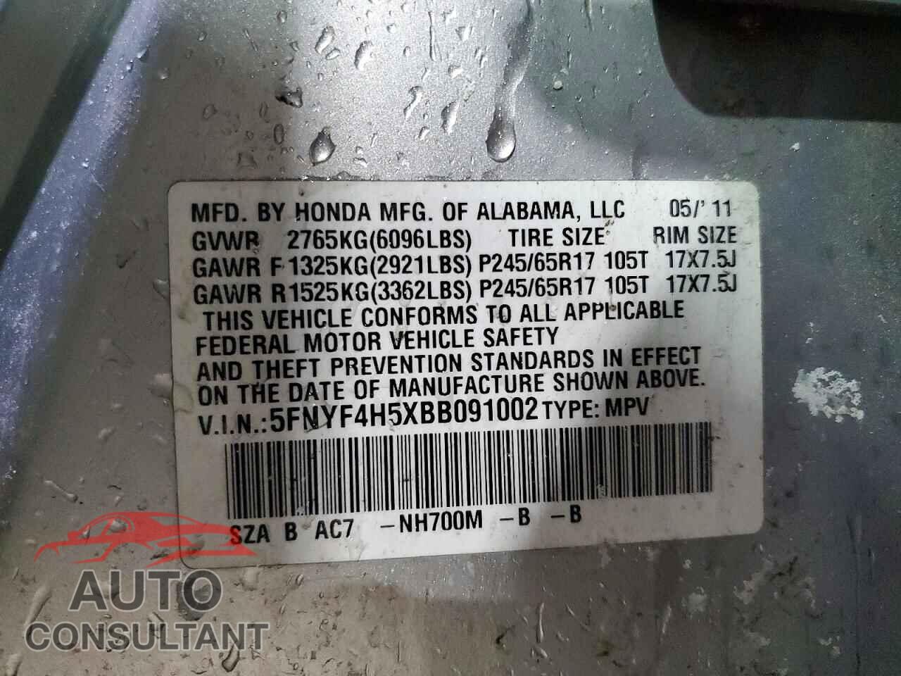 HONDA PILOT 2011 - 5FNYF4H5XBB091002