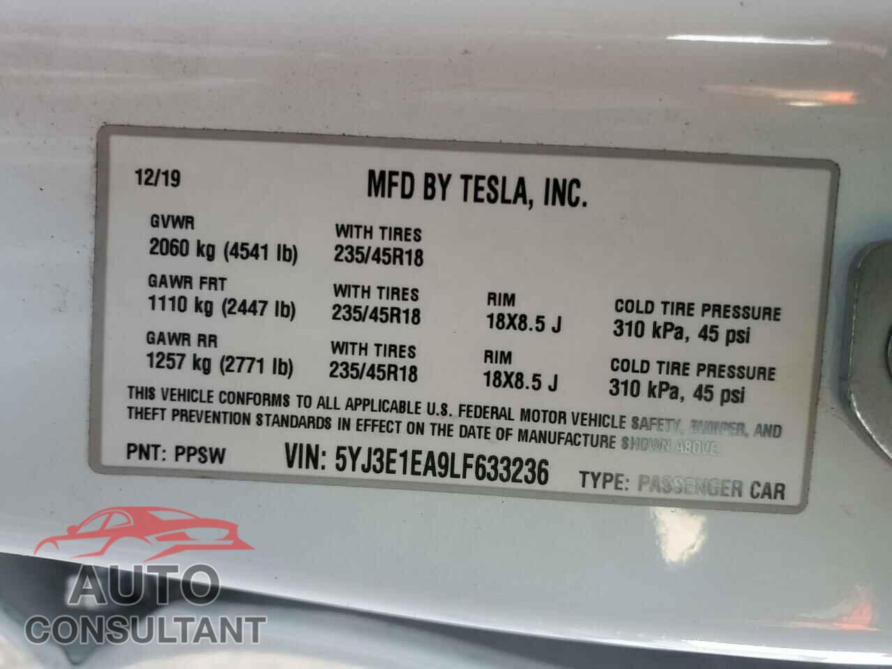 TESLA MODEL 3 2020 - 5YJ3E1EA9LF633236