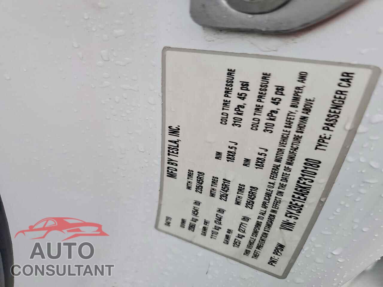 TESLA MODEL 3 2019 - 5YJ3E1EA6KF310180