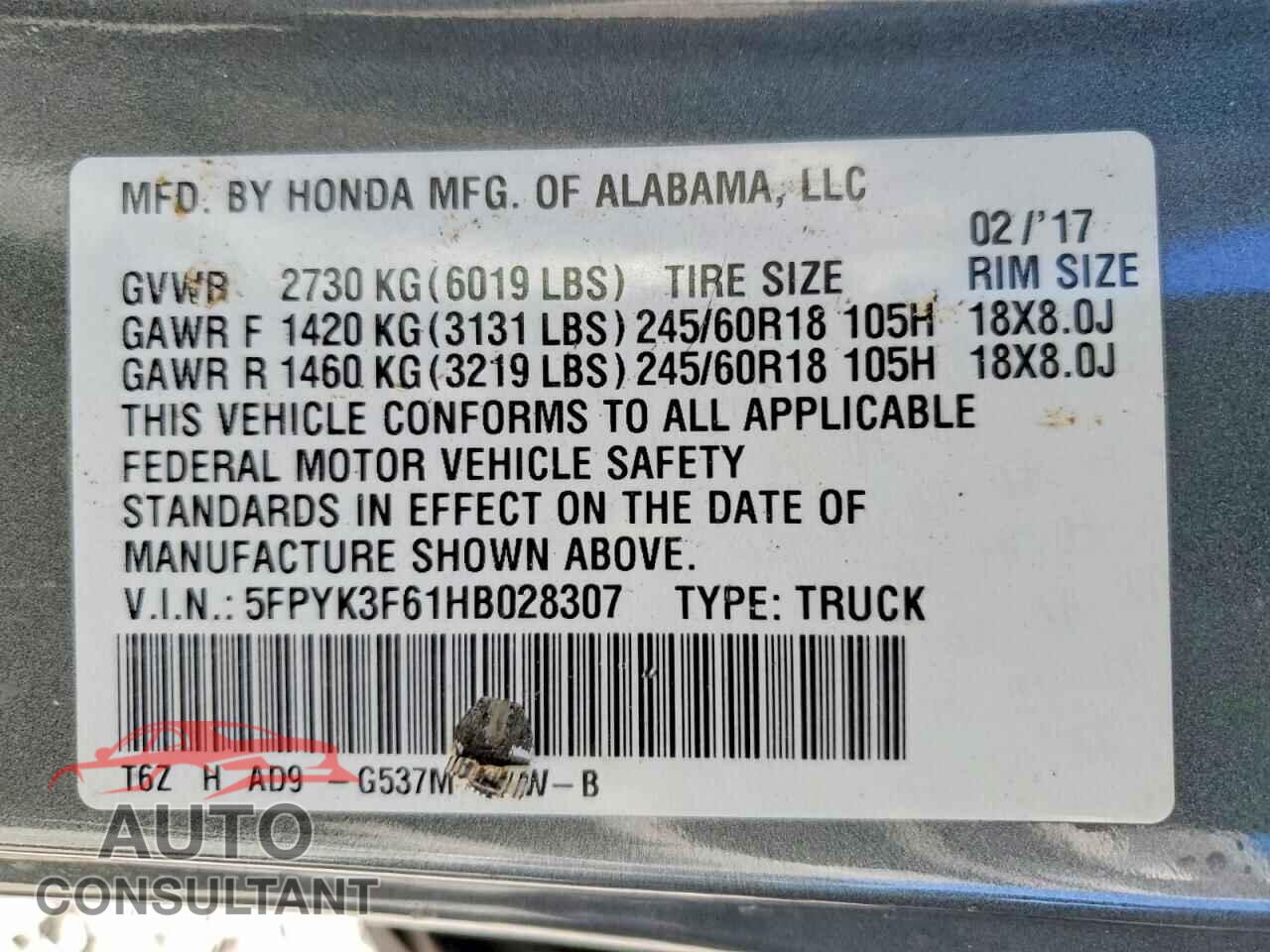 HONDA RIDGELINE 2017 - 5FPYK3F61HB028307