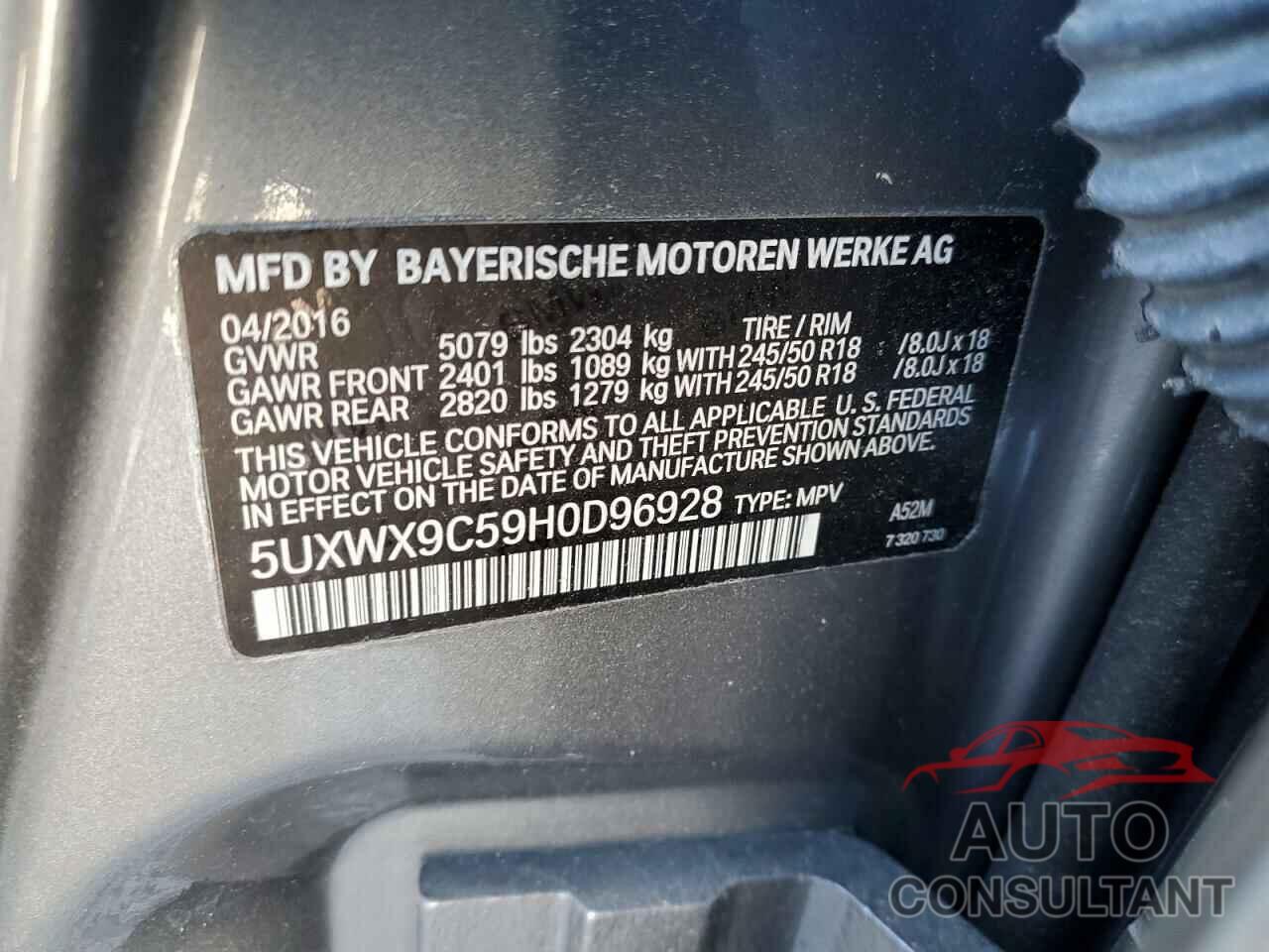 BMW X3 2017 - 5UXWX9C59H0D96928