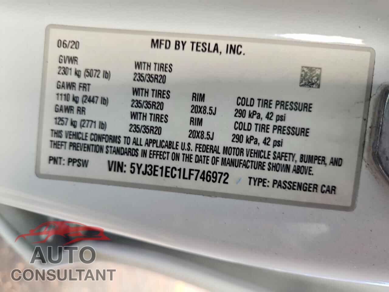 TESLA MODEL 3 2020 - 5YJ3E1EC1LF746972