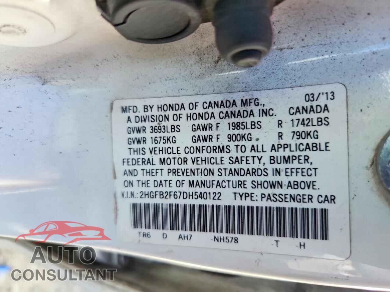 HONDA CIVIC 2013 - 2HGFB2F67DH540122