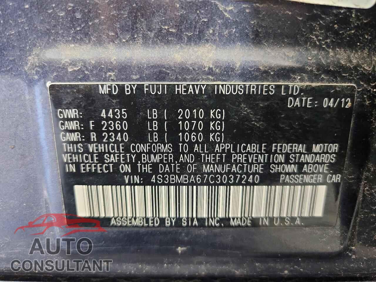 SUBARU LEGACY 2012 - 4S3BMBA67C3037240