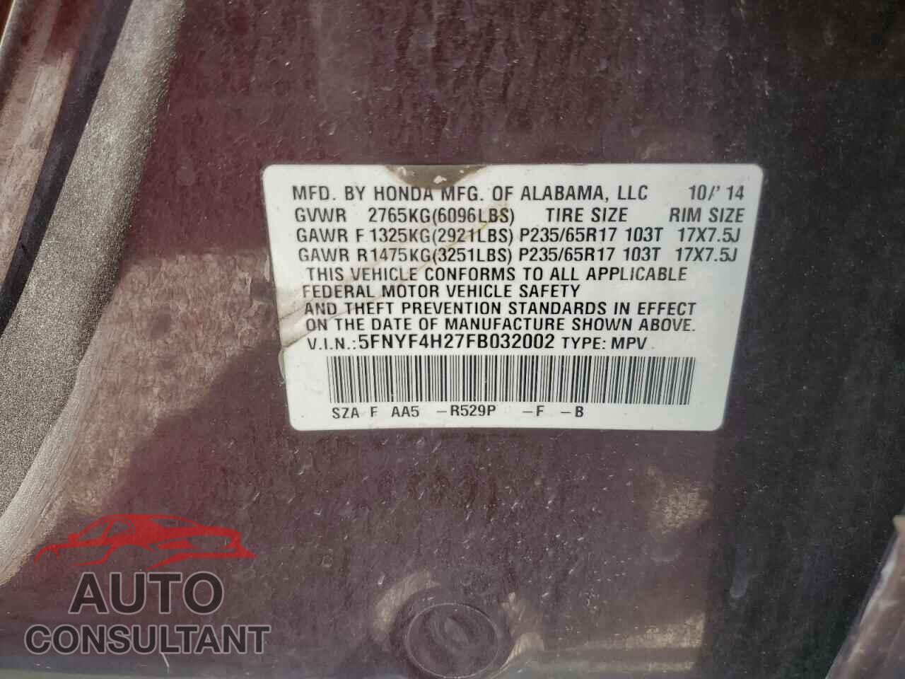 HONDA PILOT 2015 - 5FNYF4H27FB032002