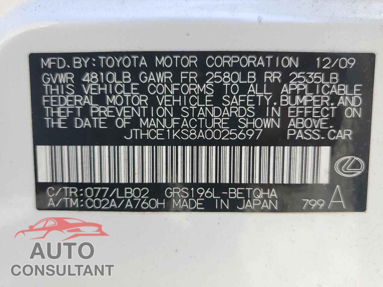LEXUS GS350 2010 - JTHCE1KS8A0025697