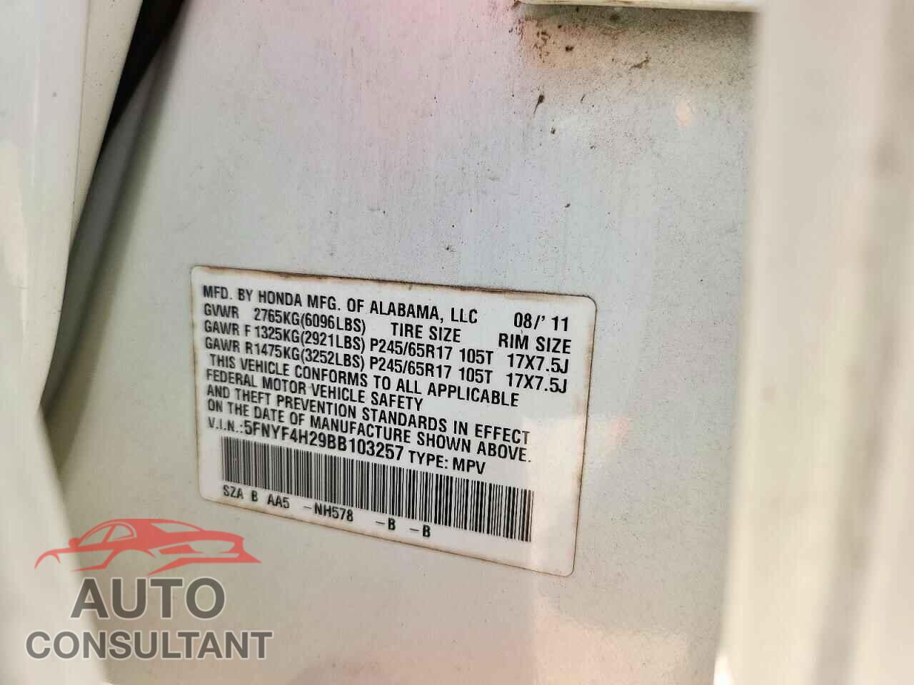 HONDA PILOT 2011 - 5FNYF4H29BB103257