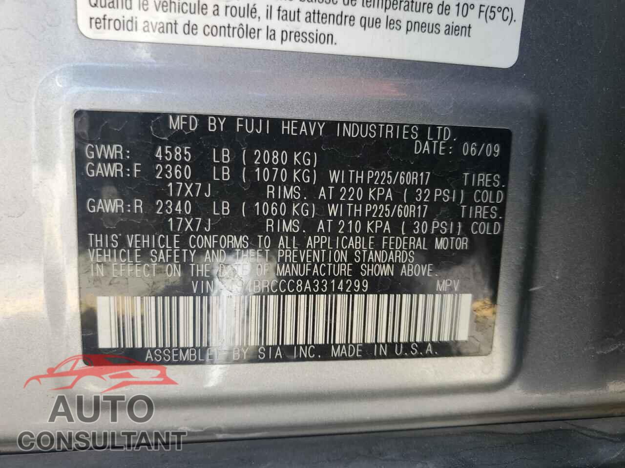 SUBARU OUTBACK 2010 - 4S4BRCCC8A3314299
