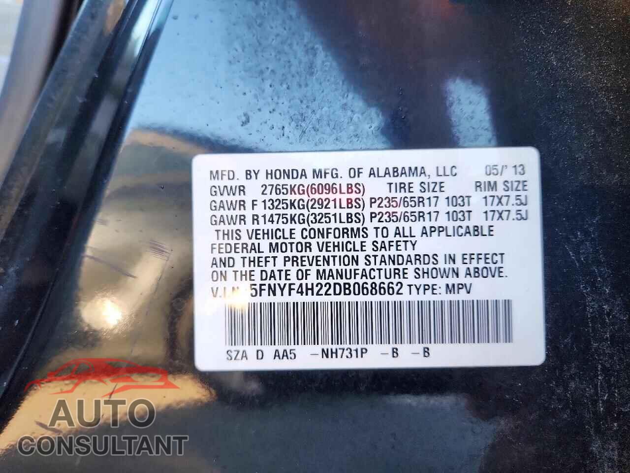 HONDA PILOT 2013 - 5FNYF4H22DB068662
