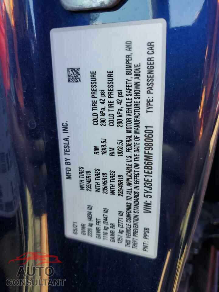 TESLA MODEL 3 2021 - 5YJ3E1EB6MF980601
