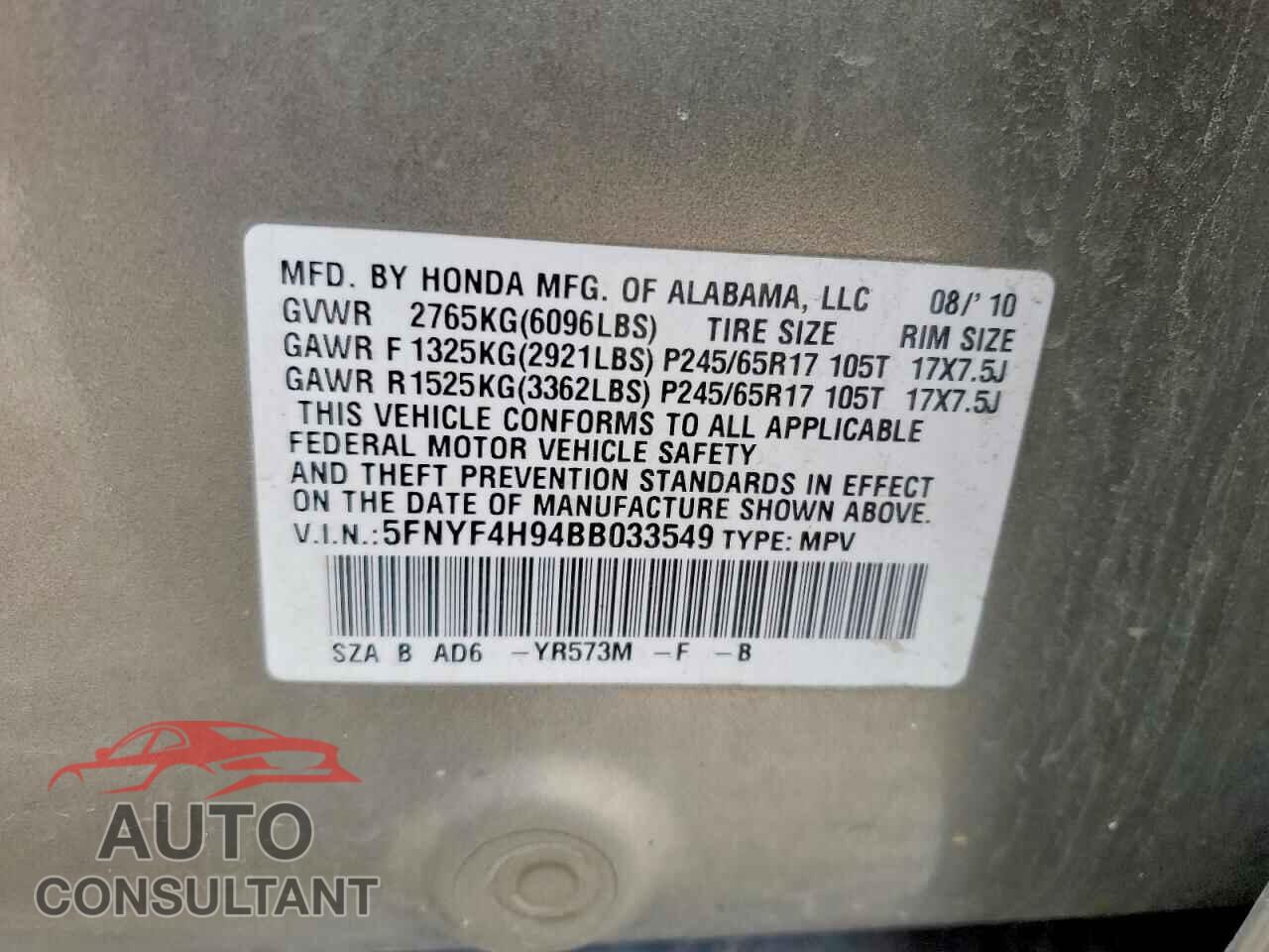 HONDA PILOT 2011 - 5FNYF4H94BB033549
