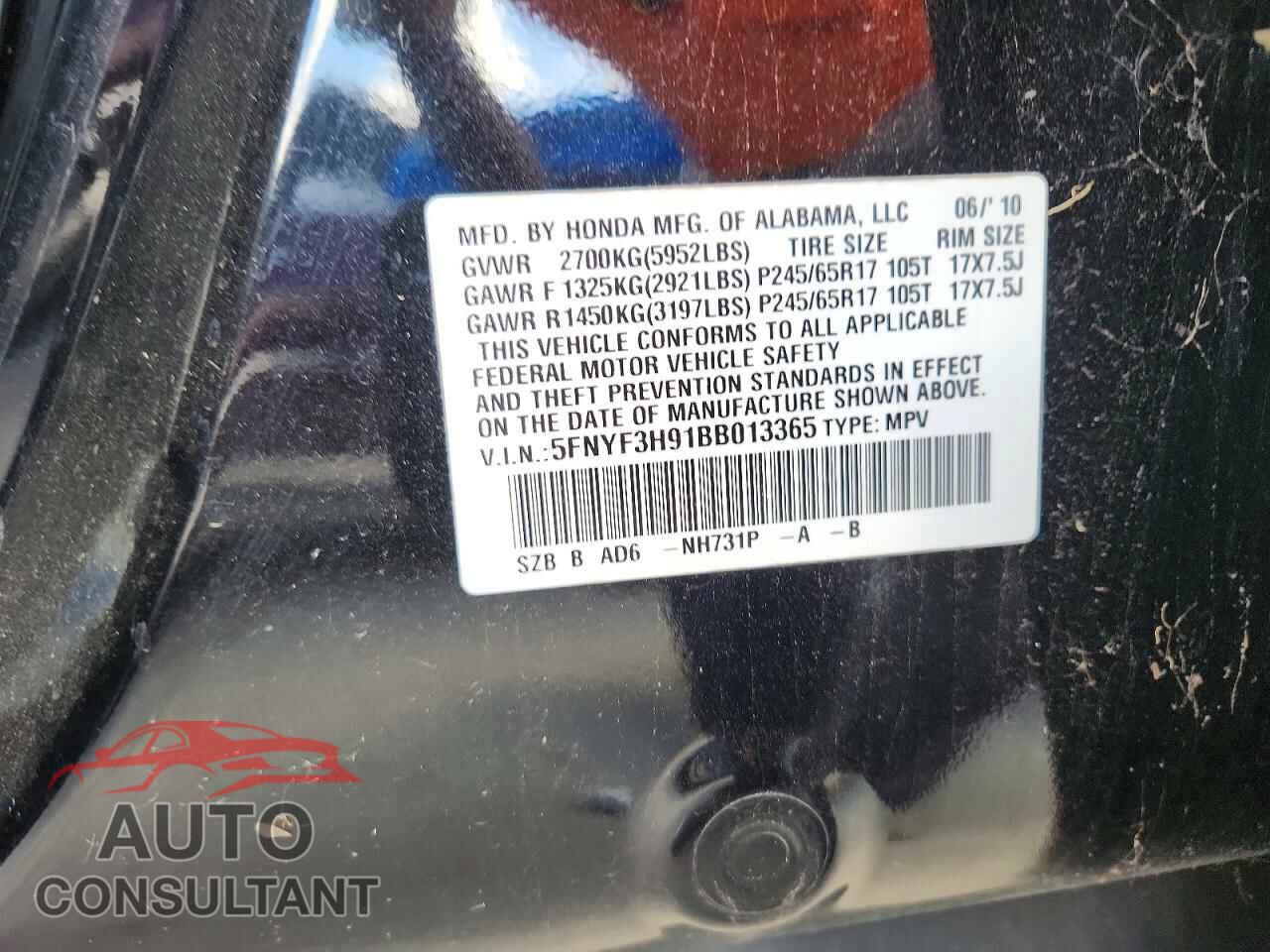 HONDA PILOT 2011 - 5FNYF3H91BB013365