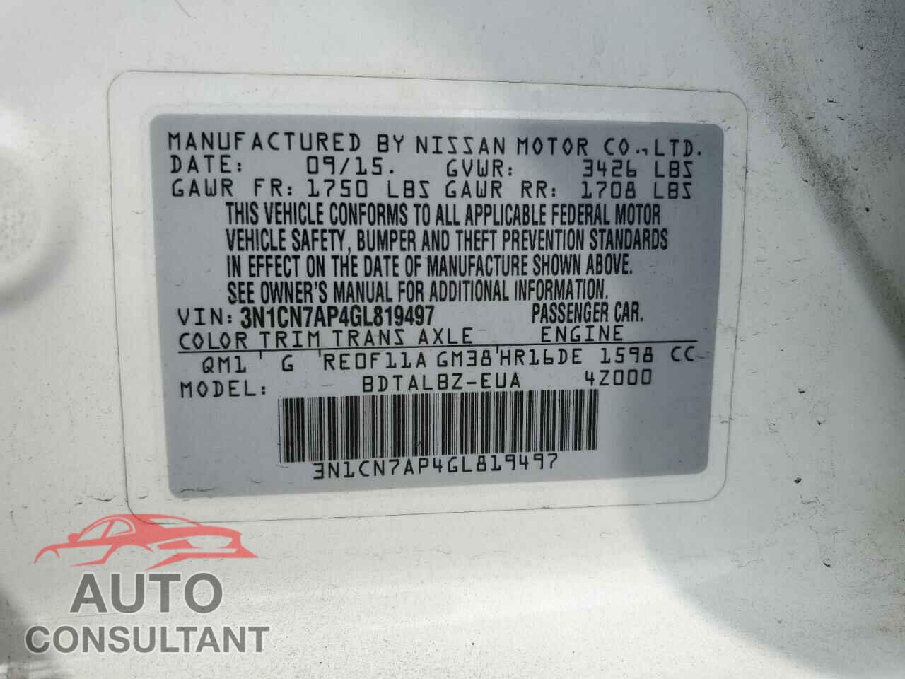 NISSAN VERSA 2016 - 3N1CN7AP4GL819497