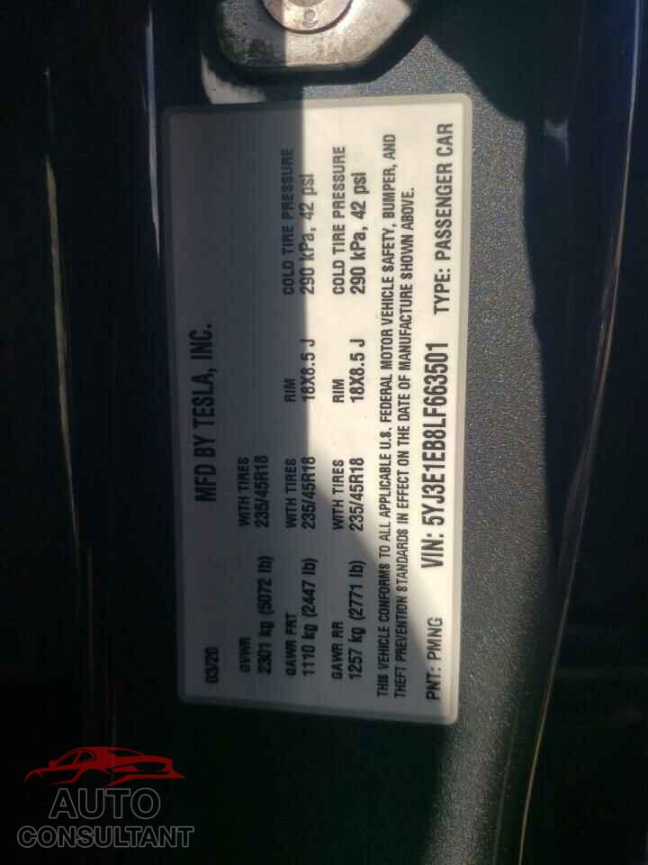 TESLA MODEL 3 2020 - 5YJ3E1EB8LF663501
