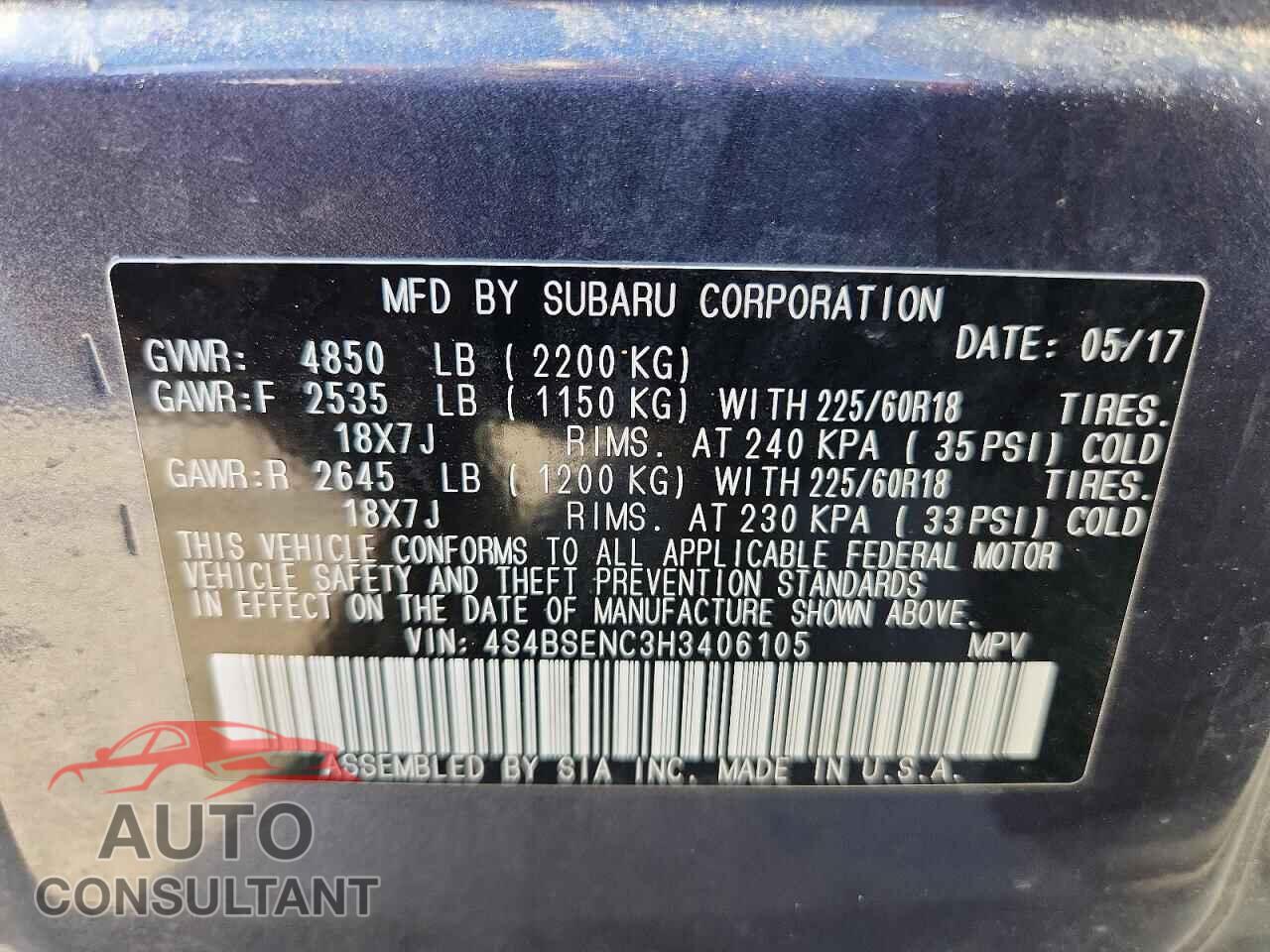 SUBARU OUTBACK 2017 - 4S4BSENC3H3406105