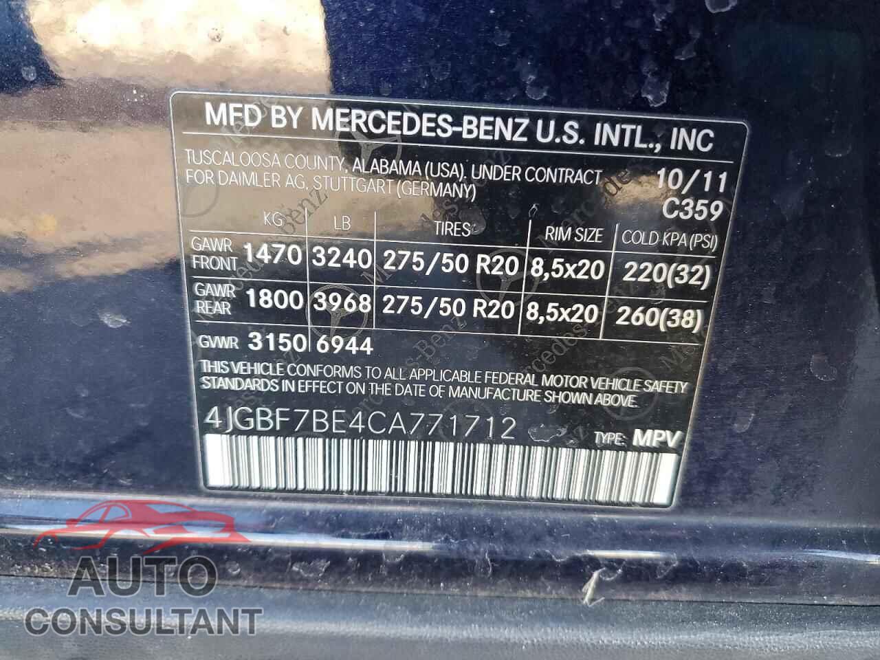 MERCEDES-BENZ GL-CLASS 2012 - 4JGBF7BE4CA771712