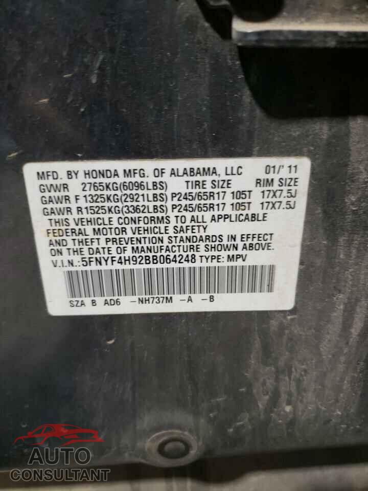 HONDA PILOT 2011 - 5FNYF4H92BB064248