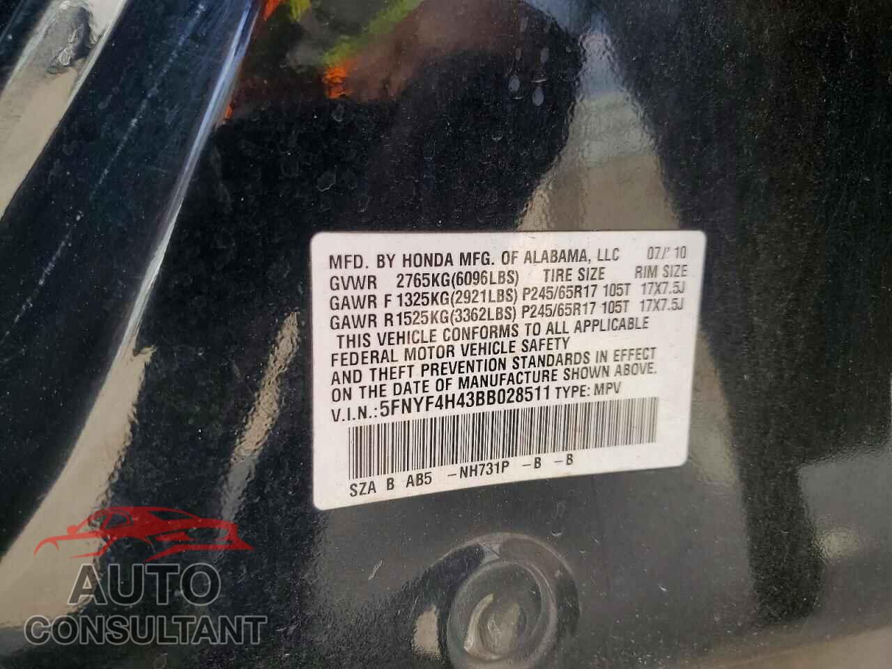HONDA PILOT 2011 - 5FNYF4H43BB028511