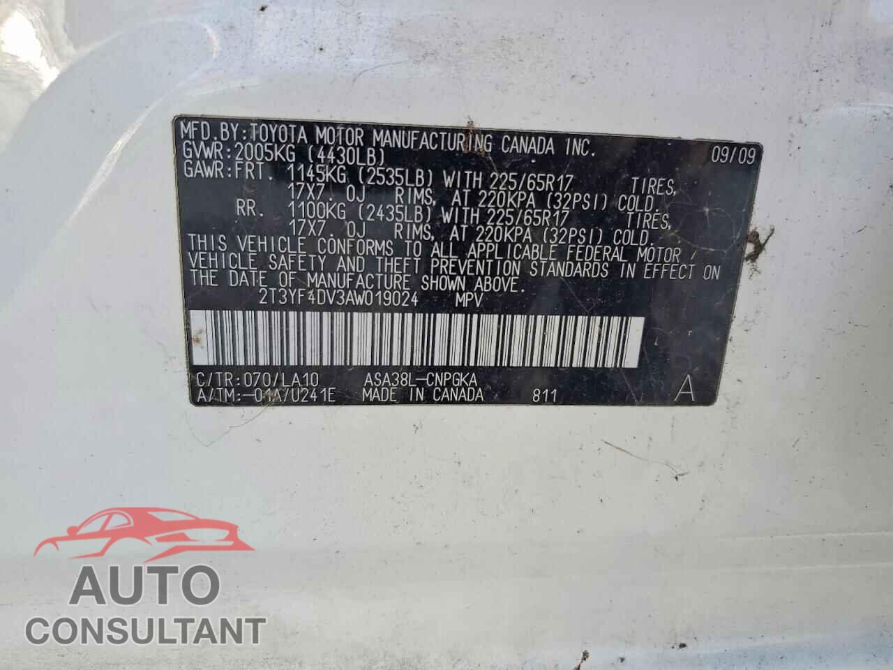 TOYOTA RAV4 2010 - 2T3YF4DV3AW019024