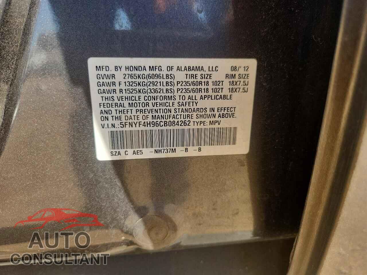 HONDA PILOT 2012 - 5FNYF4H96CB084262