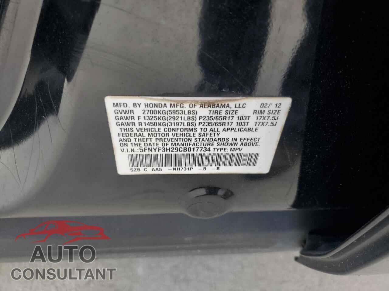 HONDA PILOT 2012 - 5FNYF3H29CB017734