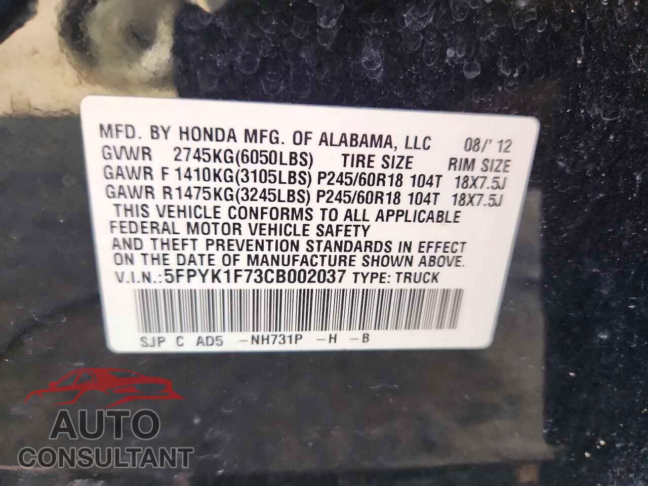 HONDA RIDGELINE 2012 - 5FPYK1F73CB002037