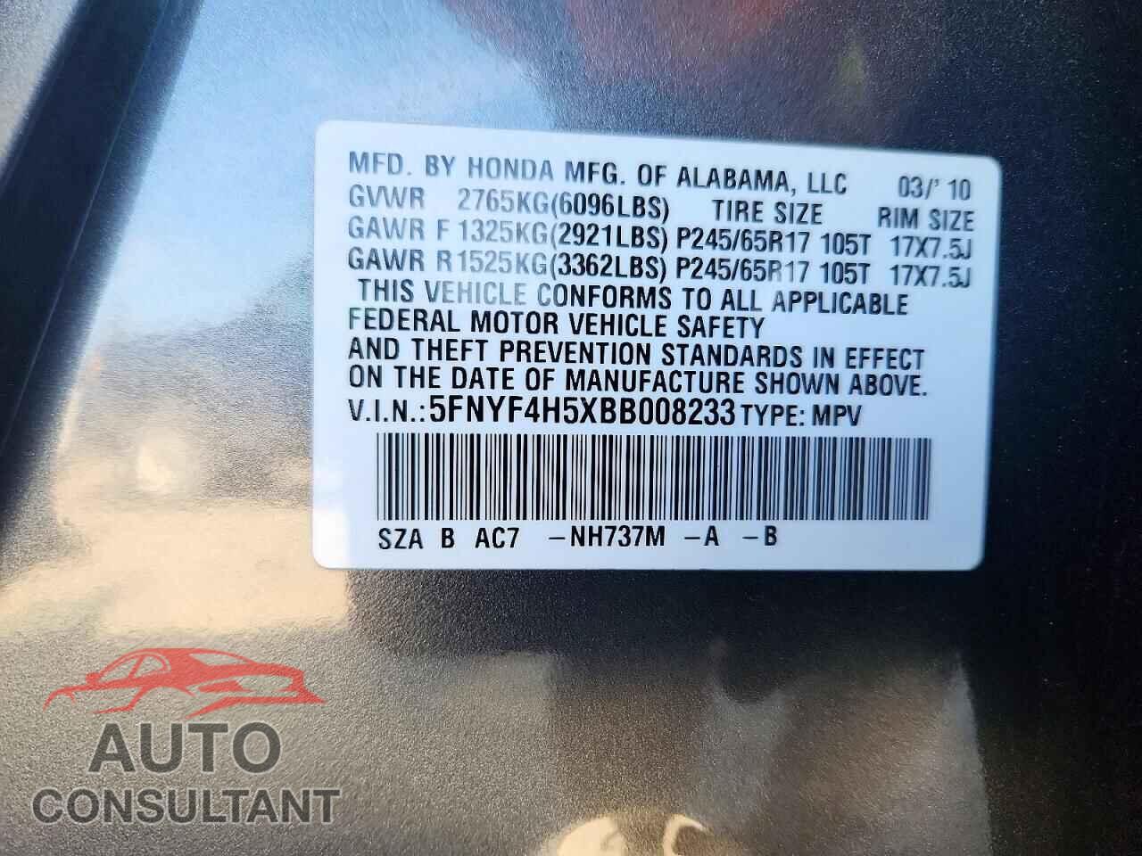 HONDA PILOT 2011 - 5FNYF4H5XBB008233