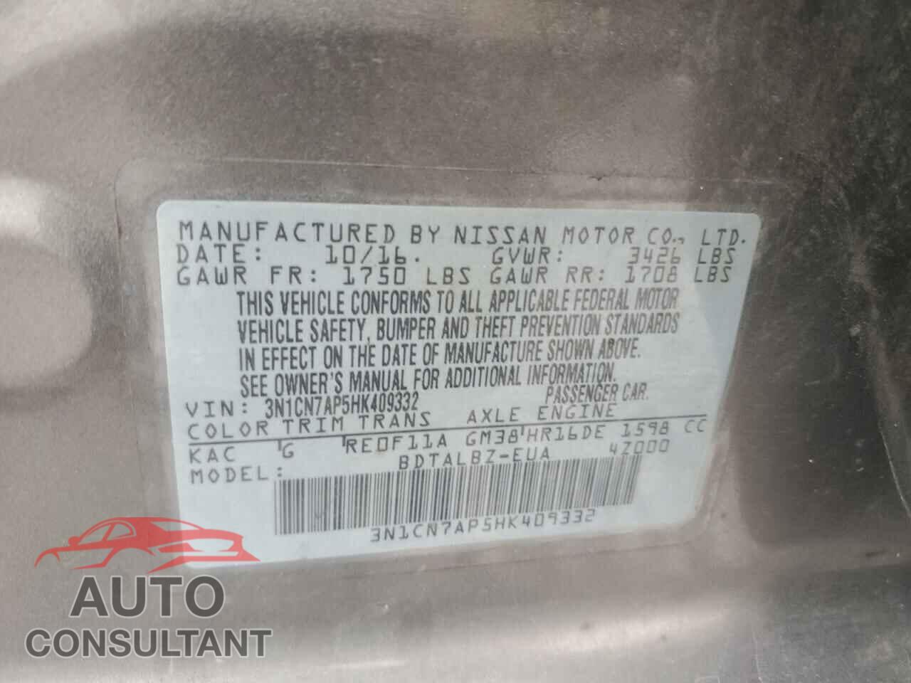 NISSAN VERSA 2017 - 3N1CN7AP5HK409332