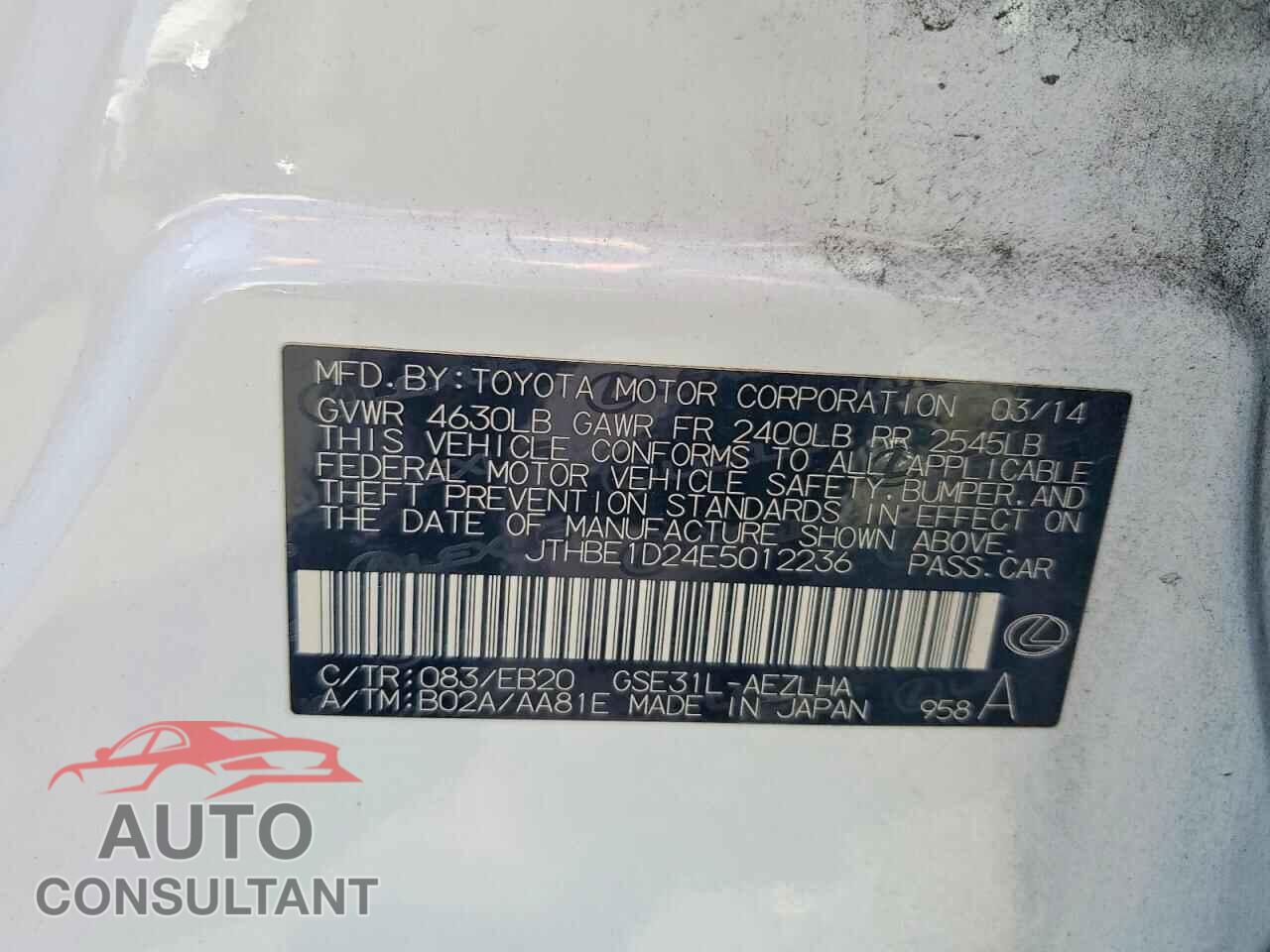 LEXUS IS 2014 - JTHBE1D24E5012236