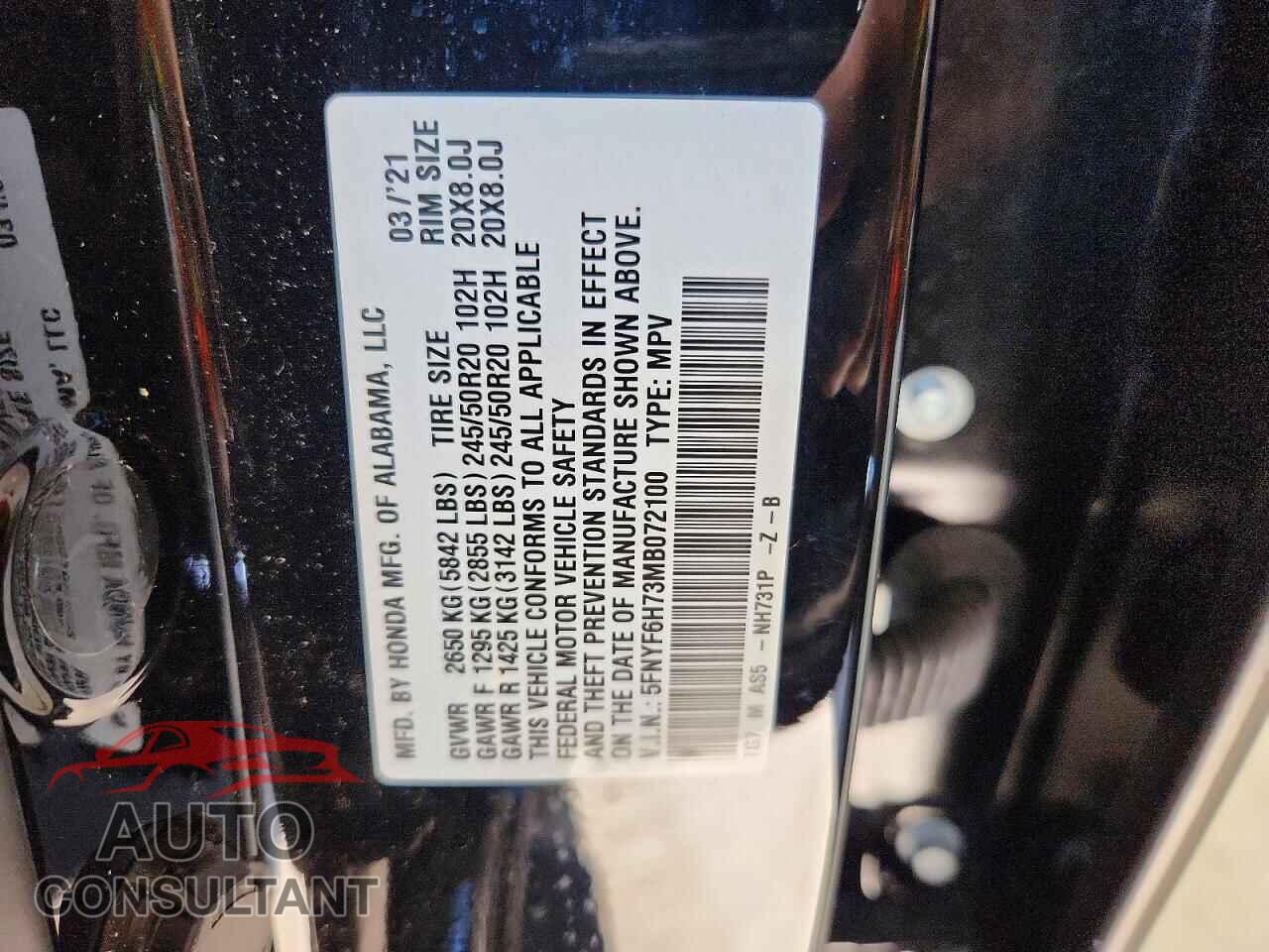 HONDA PILOT 2021 - 5FNYF6H73MB072100