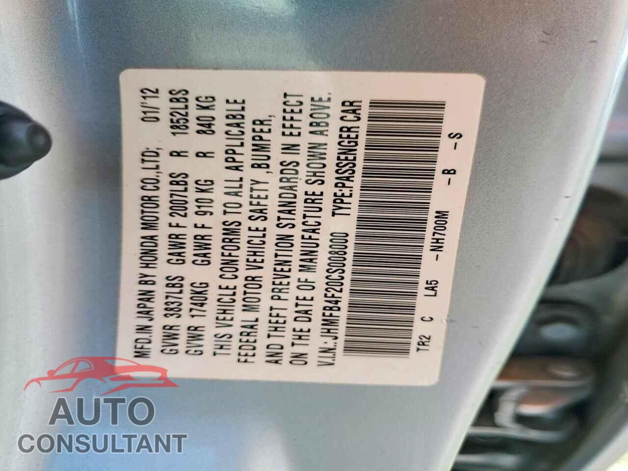 HONDA CIVIC 2012 - JHMFB4F20CS008000