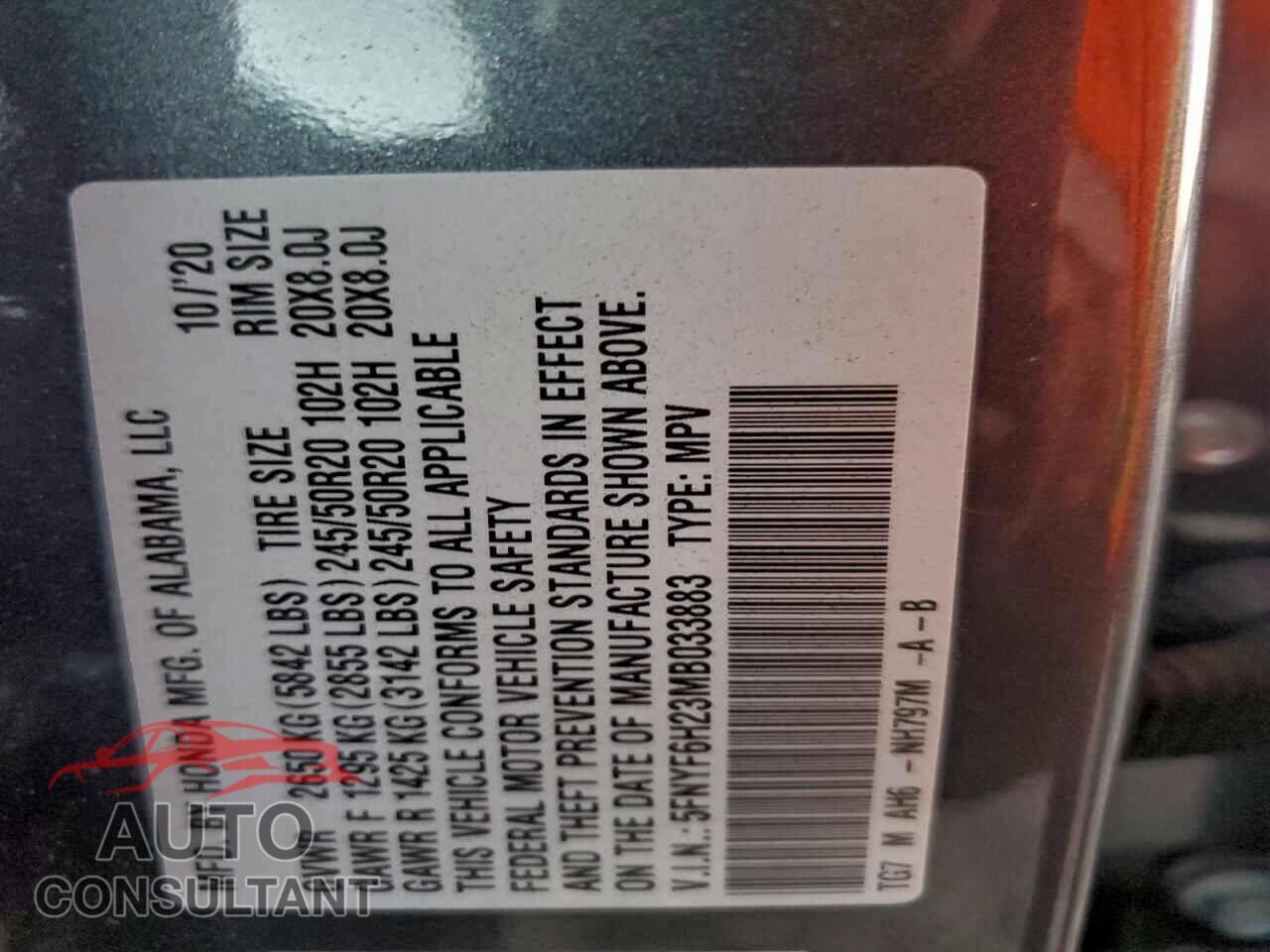 HONDA PILOT 2021 - 5FNYF6H23MB033883