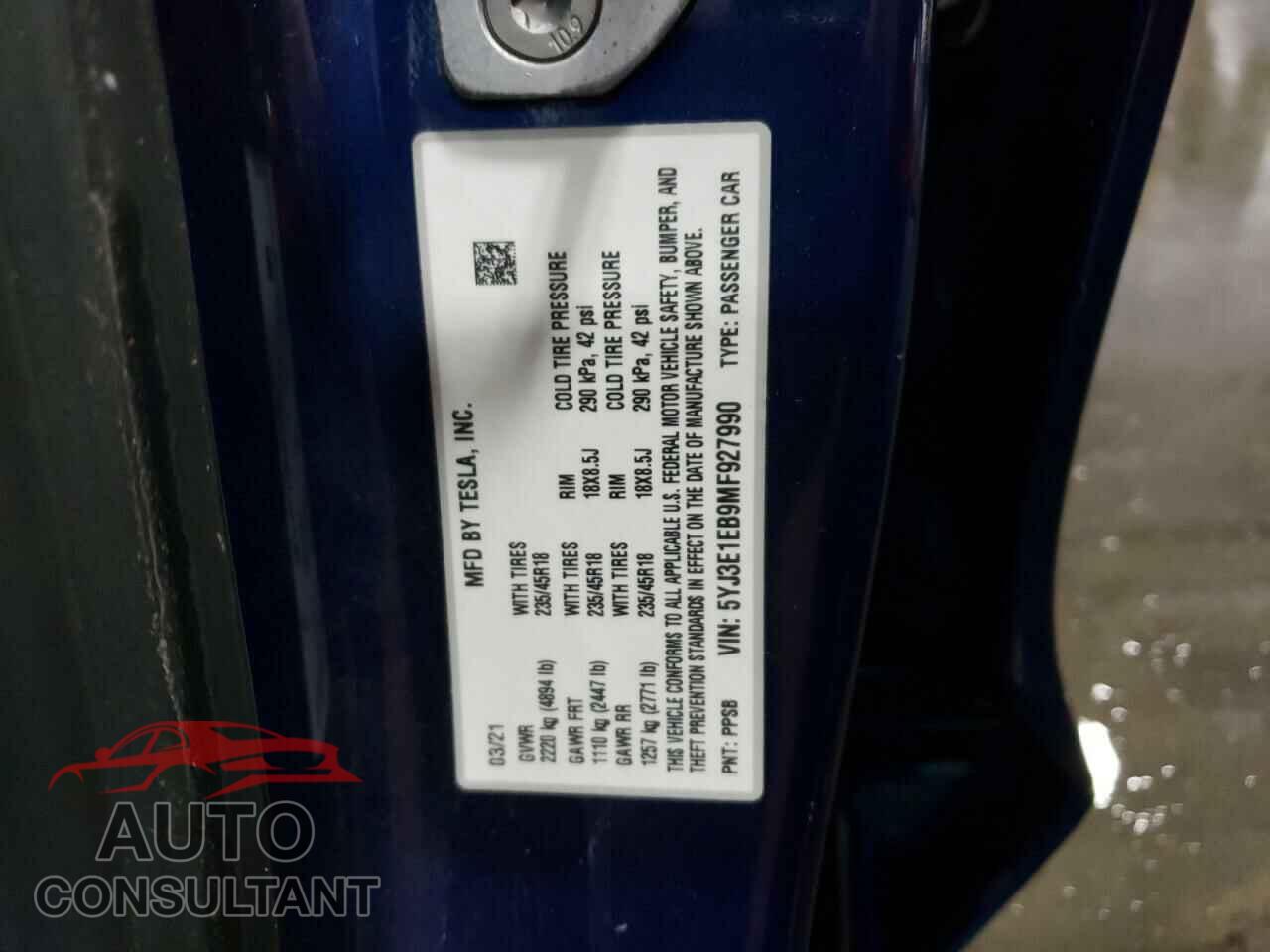 TESLA MODEL 3 2021 - 5YJ3E1EB9MF927990