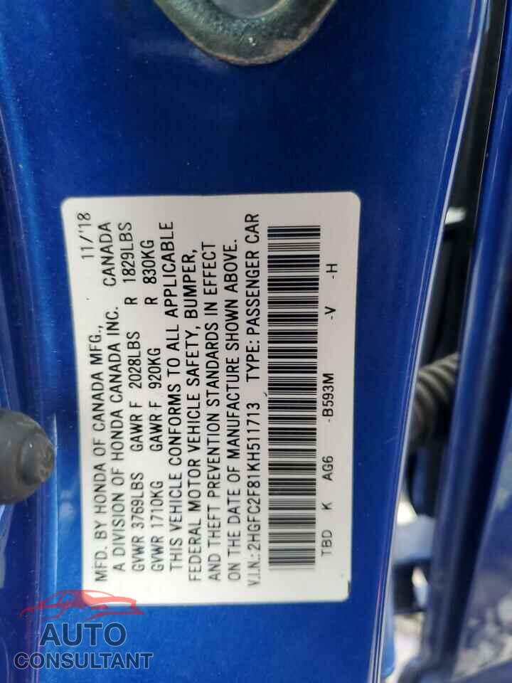 HONDA CIVIC 2019 - 2HGFC2F81KH511713