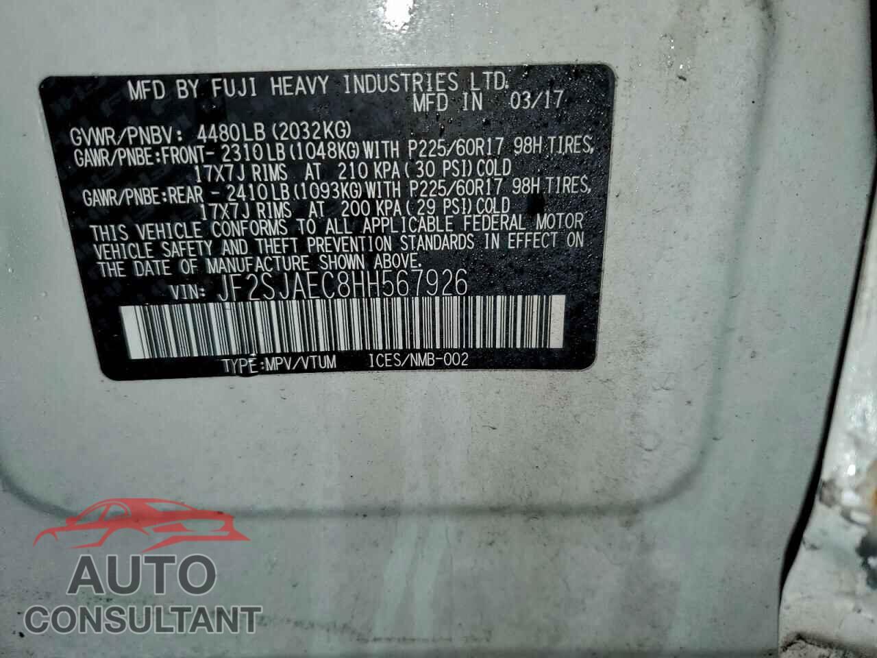 SUBARU FORESTER 2017 - JF2SJAEC8HH567926
