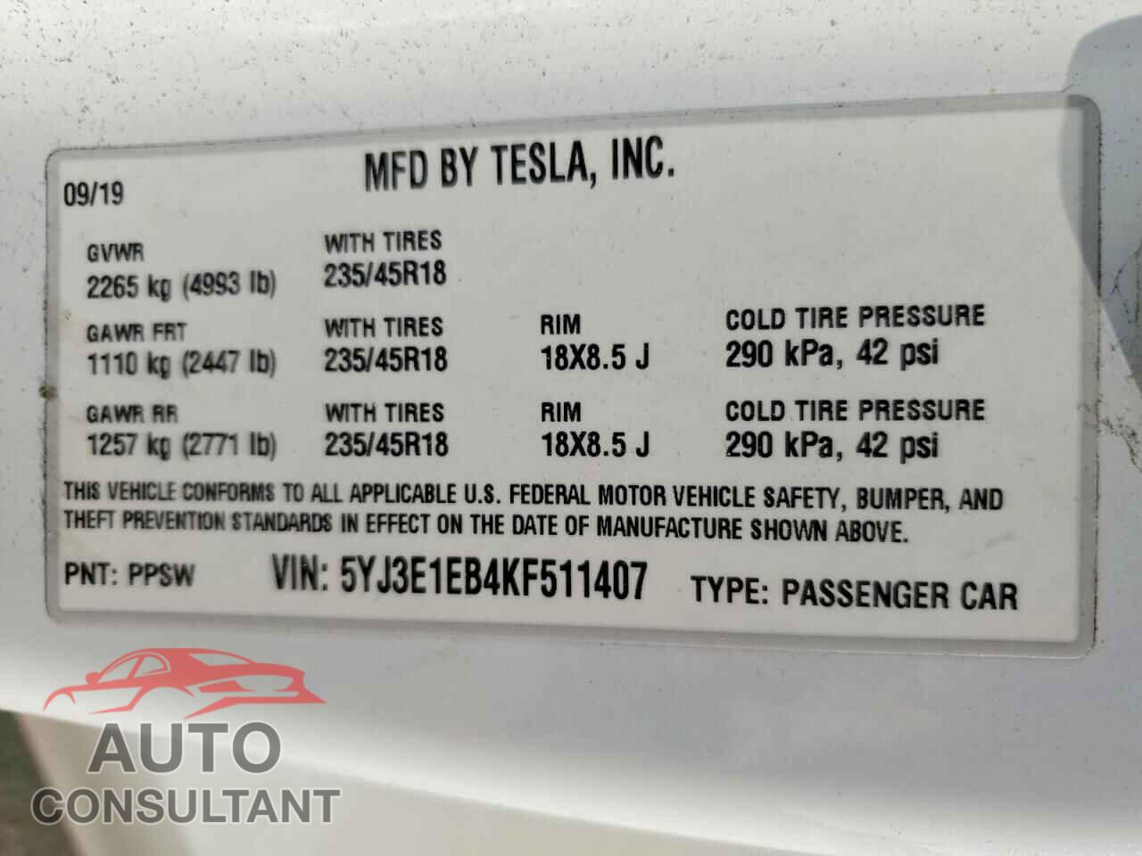 TESLA MODEL 3 2019 - 5YJ3E1EB4KF511407