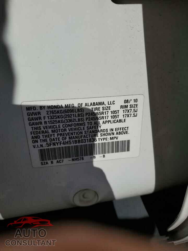 HONDA PILOT 2011 - 5FNYF4H51BB031836