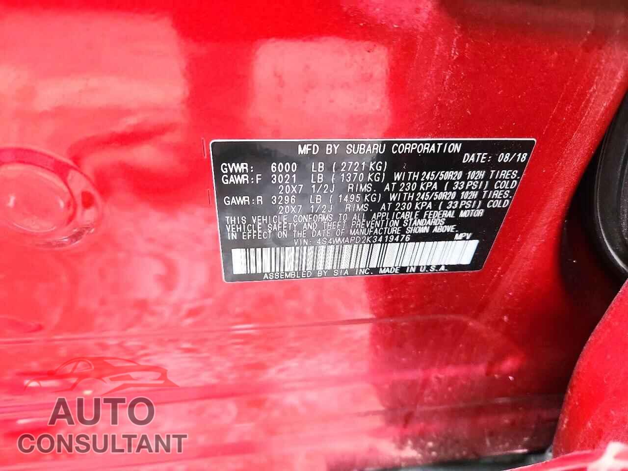SUBARU ASCENT 2019 - 4S4WMAPD2K3419476