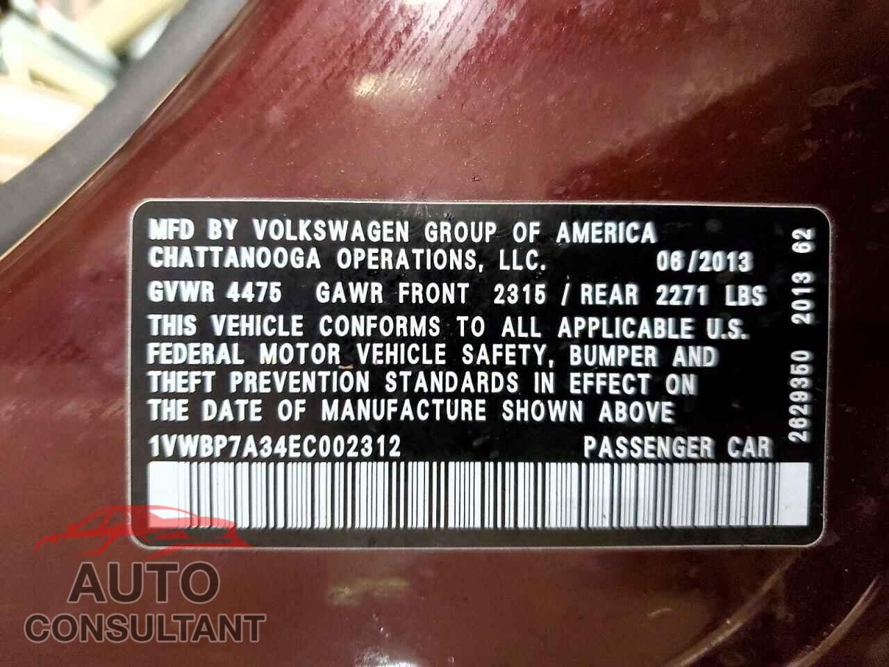 VOLKSWAGEN PASSAT 2014 - 1VWBP7A34EC002312