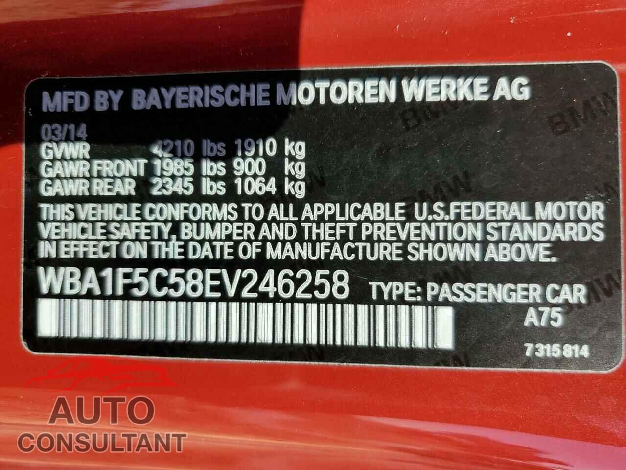 BMW 2 SERIES 2014 - WBA1F5C58EV246258
