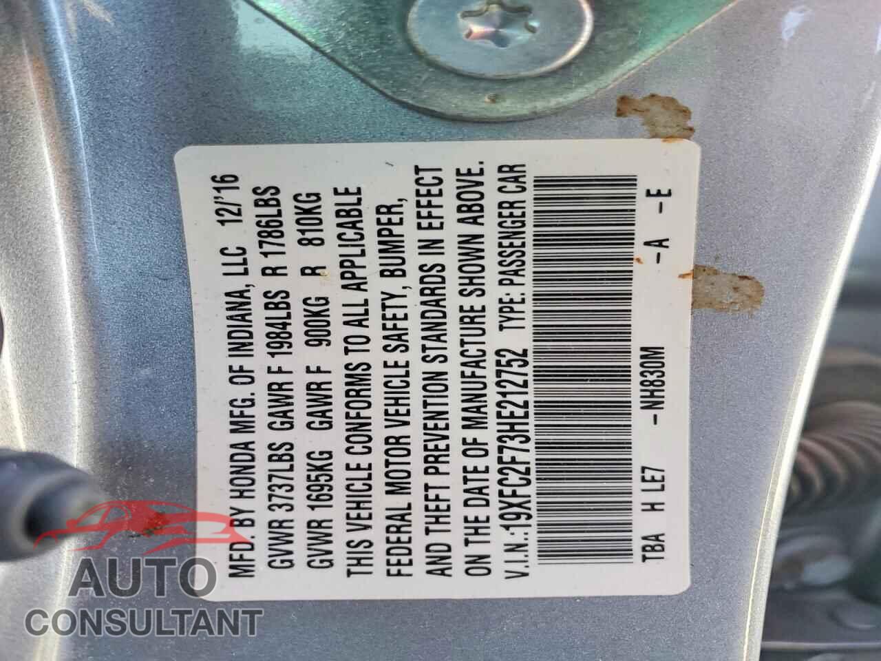 HONDA CIVIC 2017 - 19XFC2F73HE212752