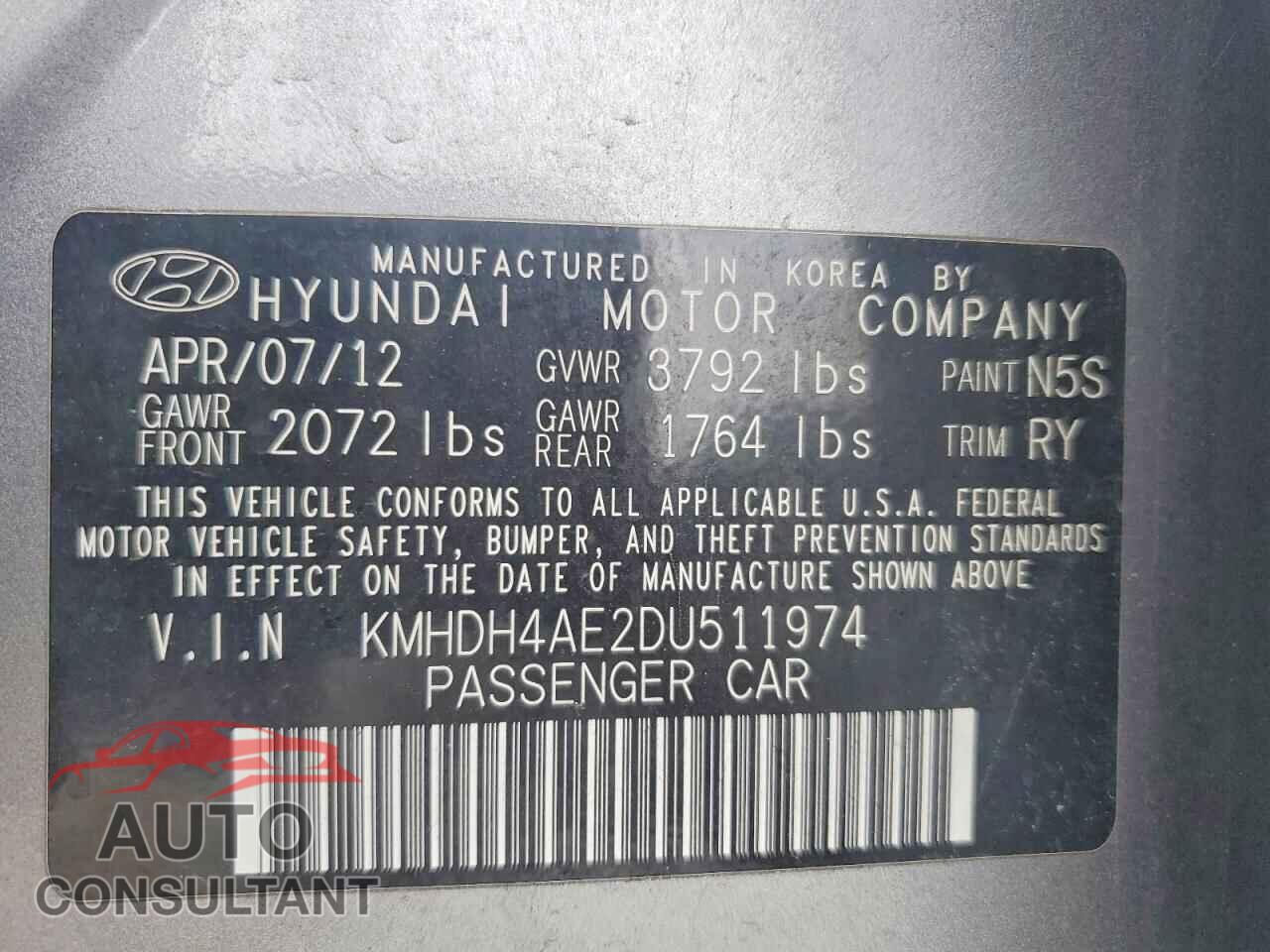 HYUNDAI ELANTRA 2013 - KMHDH4AE2DU511974