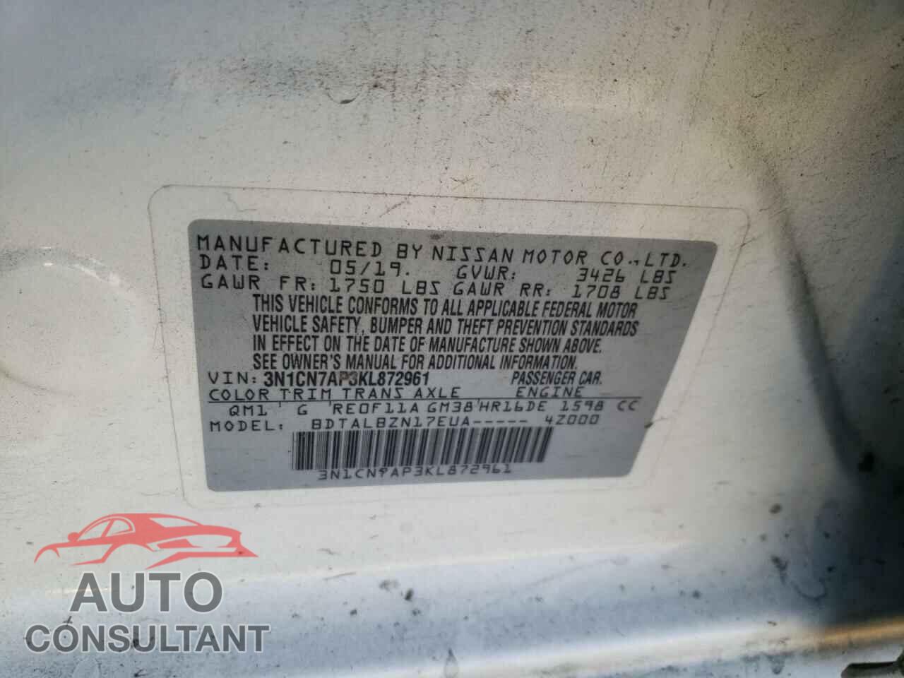 NISSAN VERSA 2019 - 3N1CN7AP3KL872961