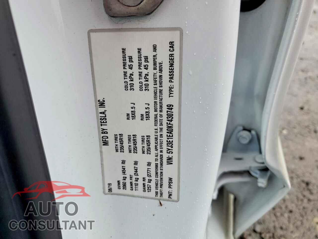 TESLA MODEL 3 2019 - 5YJ3E1EA0KF430749