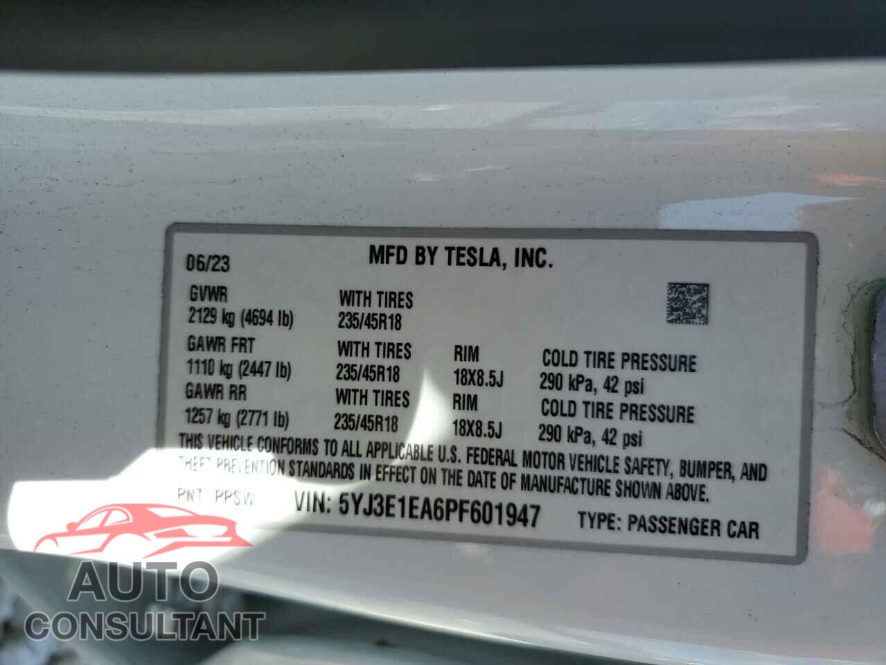 TESLA MODEL 3 2023 - 5YJ3E1EA6PF601947