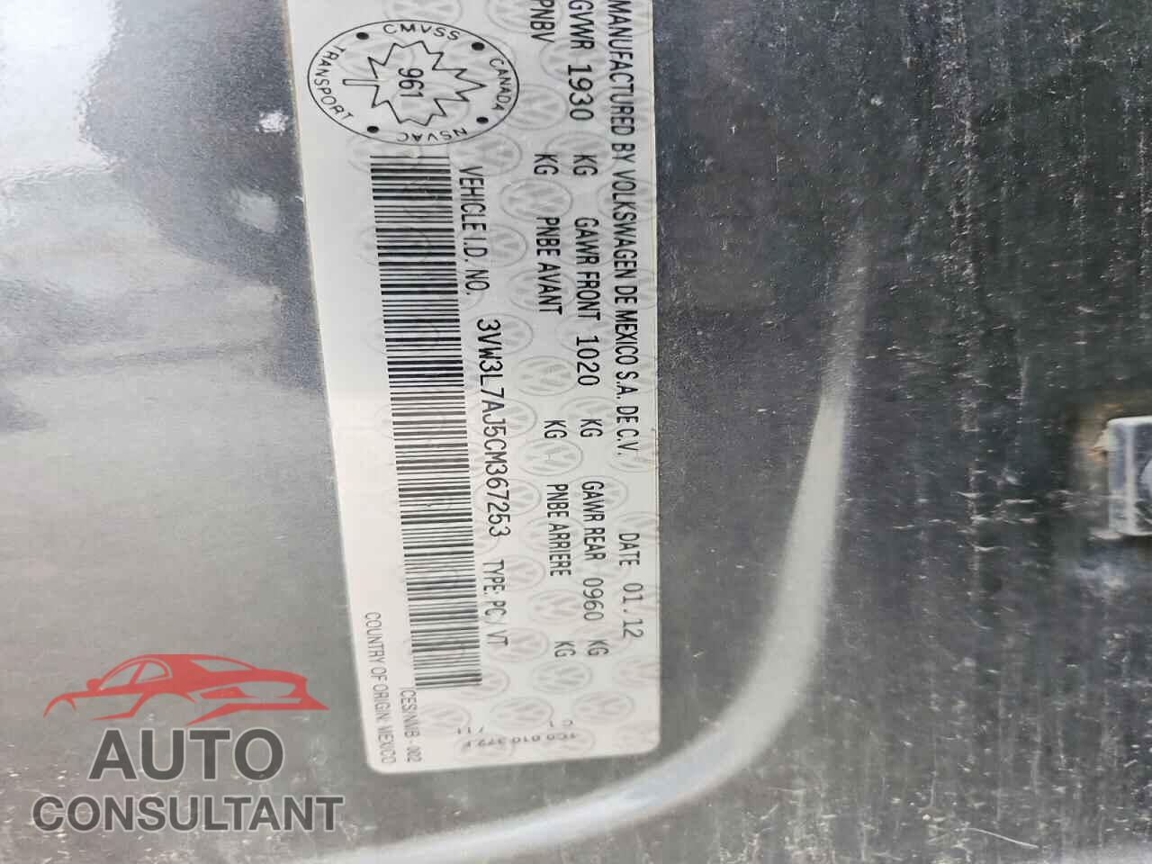 VOLKSWAGEN JETTA 2012 - 3VW3L7AJ5CM367253