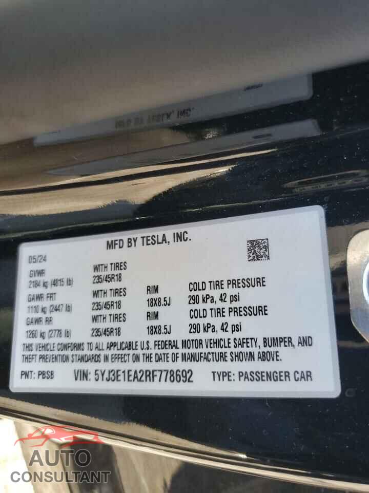 TESLA MODEL 3 2024 - 5YJ3E1EA2RF778692