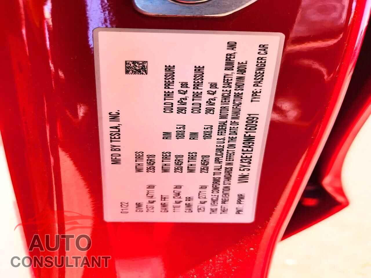 TESLA MODEL 3 2022 - 5YJ3E1EA9NF160991