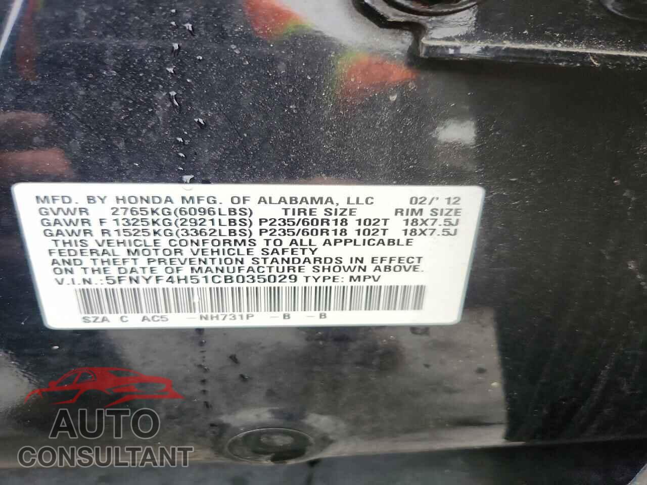 HONDA PILOT 2012 - 5FNYF4H51CB035029