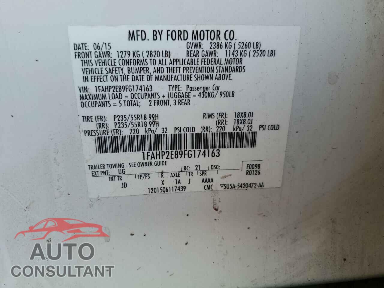 FORD TAURUS 2015 - 1FAHP2E89FG174163